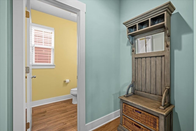 mudroom with wood finished floors and baseboards