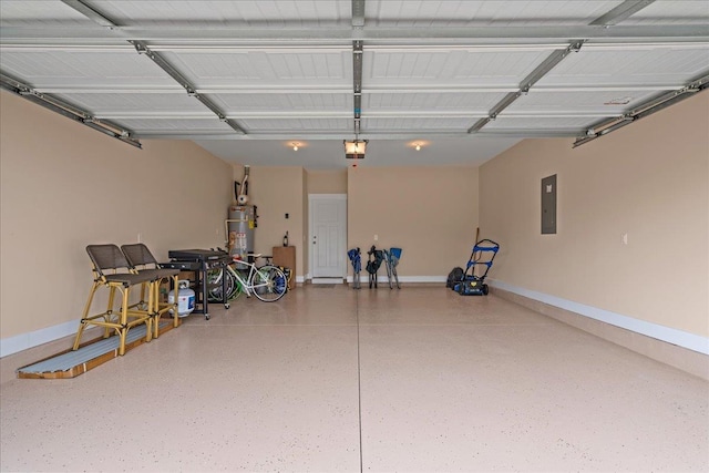 garage with electric panel, gas water heater, a garage door opener, and baseboards