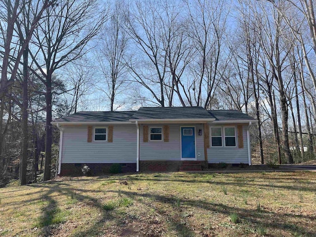 single story home with a front lawn and crawl space