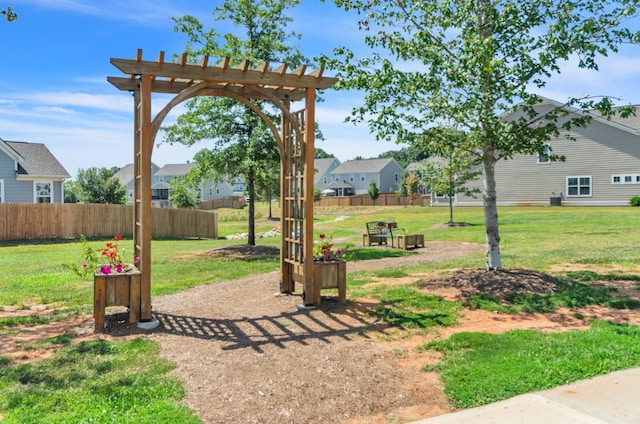 view of yard featuring a pergola and fence