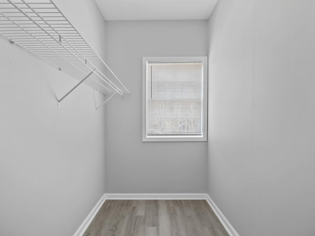 walk in closet with wood finished floors