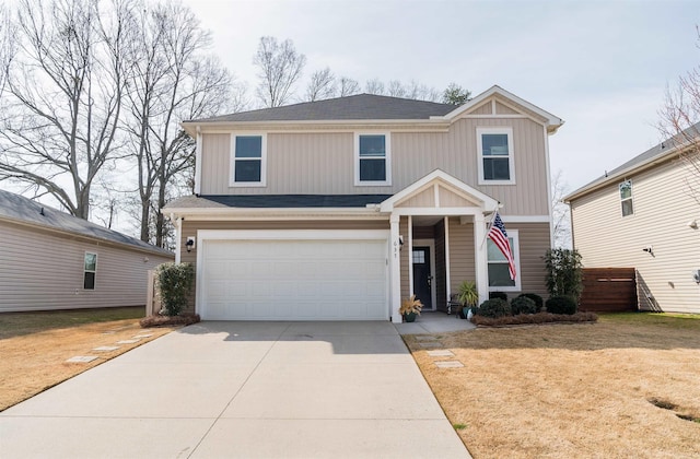 view of front facade featuring a front lawn, board and batten siding, concrete driveway, and an attached garage