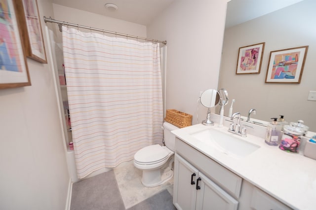 full bath featuring shower / bathtub combination with curtain, toilet, and vanity