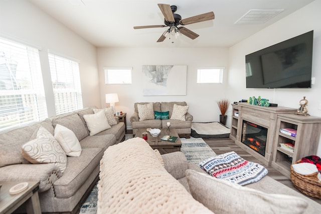 living room featuring a glass covered fireplace, wood finished floors, visible vents, and ceiling fan