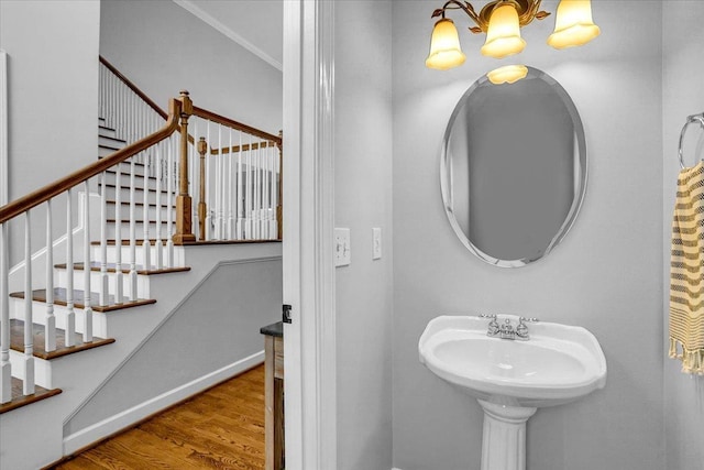 bathroom with wood finished floors, baseboards, and a sink