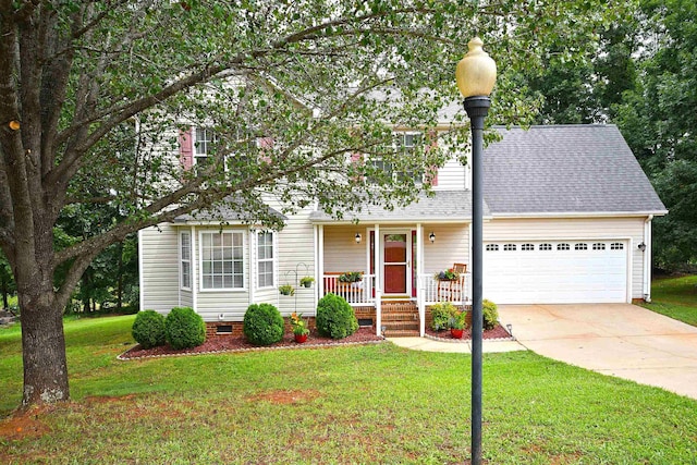 view of front of property with a front lawn, a porch, concrete driveway, a shingled roof, and a garage