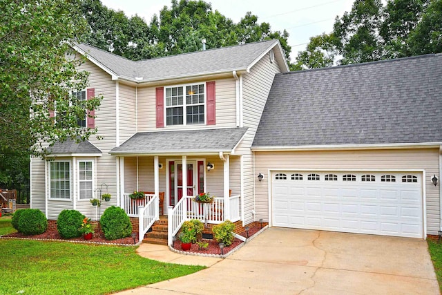 traditional-style home with a shingled roof, a front lawn, concrete driveway, covered porch, and a garage