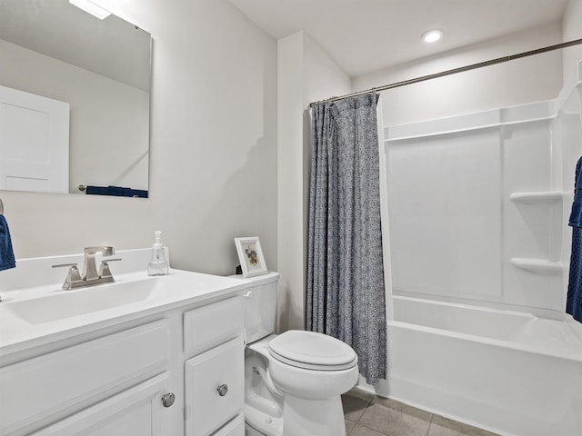 bathroom featuring shower / bath combo with shower curtain, toilet, recessed lighting, tile patterned floors, and vanity