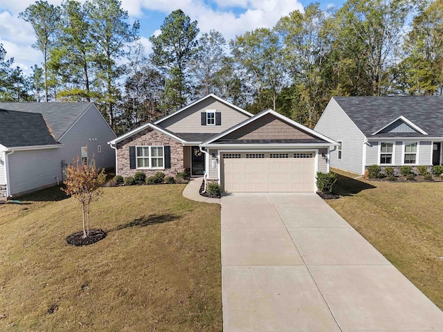 view of front of home featuring concrete driveway, a garage, stone siding, and a front lawn