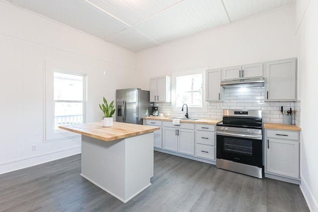 kitchen with under cabinet range hood, butcher block counters, stainless steel appliances, and dark wood-type flooring