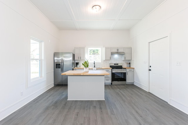 kitchen with backsplash, under cabinet range hood, butcher block counters, appliances with stainless steel finishes, and a sink