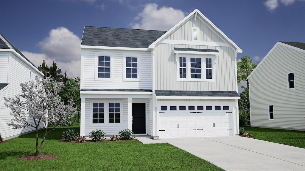 view of front facade featuring a front yard, an attached garage, board and batten siding, and a shingled roof