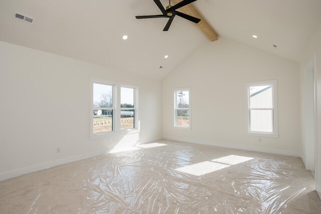 unfurnished room featuring visible vents, plenty of natural light, high vaulted ceiling, and ceiling fan