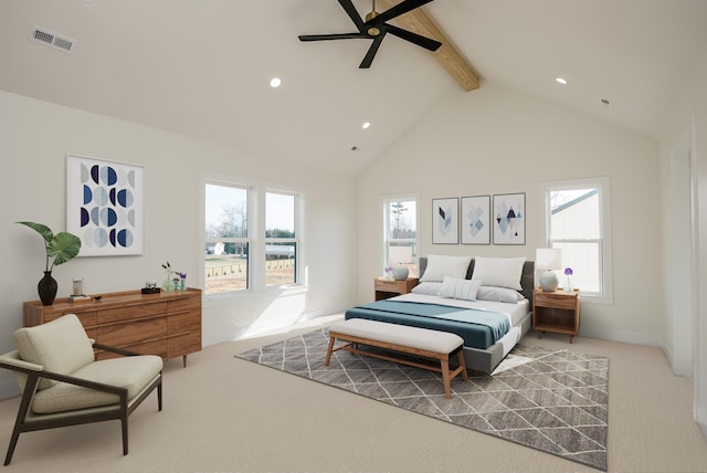 bedroom with visible vents, multiple windows, carpet floors, and beamed ceiling