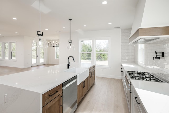 kitchen featuring light wood finished floors, a sink, stainless steel appliances, custom range hood, and a wealth of natural light