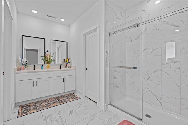 bathroom featuring visible vents, marble finish floor, a sink, a marble finish shower, and double vanity