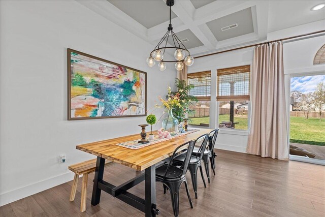 dining area featuring visible vents, a healthy amount of sunlight, an inviting chandelier, wood finished floors, and coffered ceiling