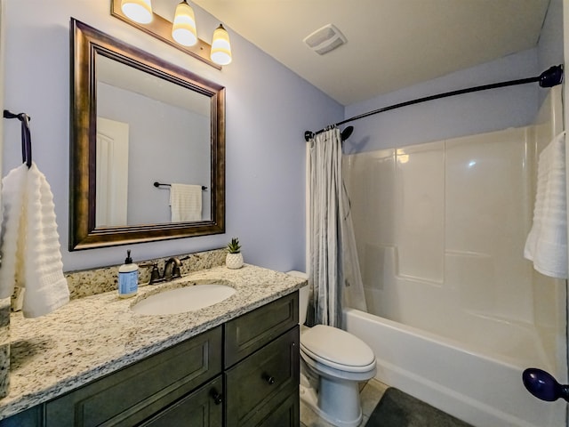 full bathroom featuring vanity, shower / bathtub combination with curtain, visible vents, tile patterned floors, and toilet