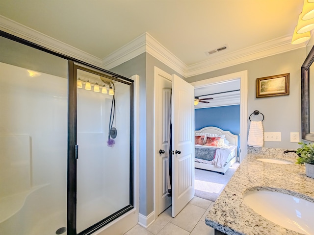 bathroom featuring a sink, visible vents, ensuite bath, and crown molding