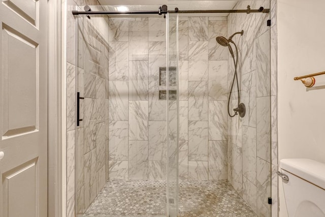 full bathroom featuring a shower stall and toilet