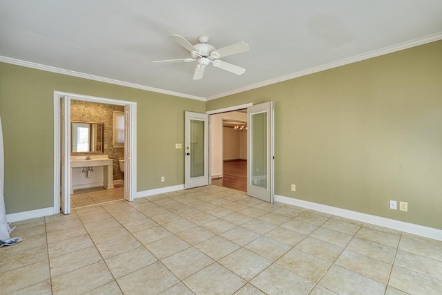 unfurnished bedroom with crown molding, ceiling fan, baseboards, a closet, and light tile patterned flooring