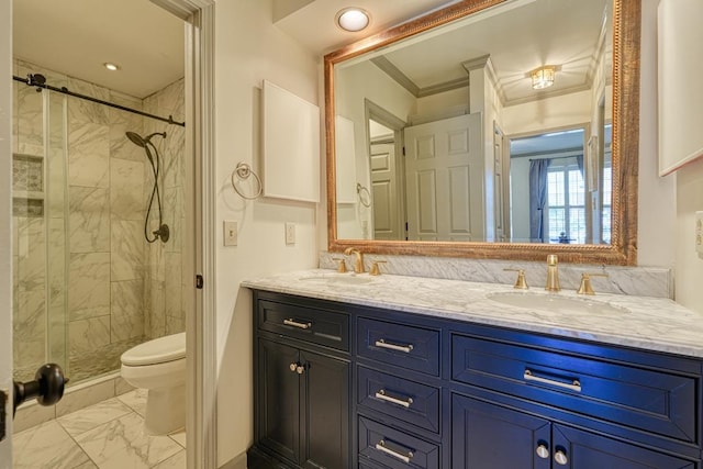 full bath featuring a stall shower, toilet, marble finish floor, and a sink