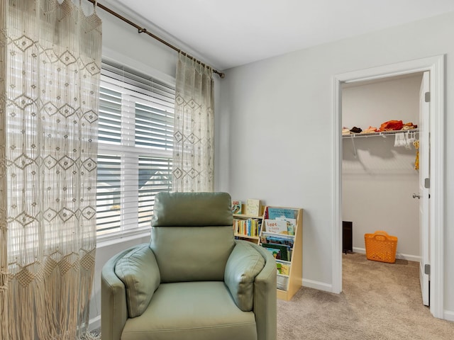 living area featuring baseboards and carpet