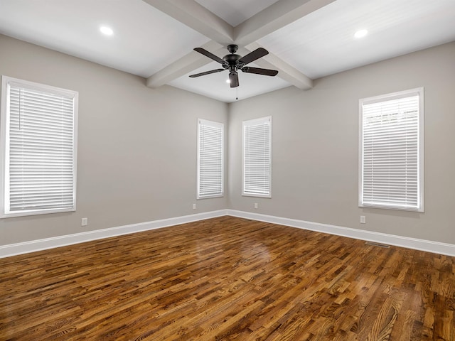 802 Linley, Anderson, SC 29625 - unfurnished room featuring dark wood finished floors, baseboards, beamed ceiling, and ceiling fan