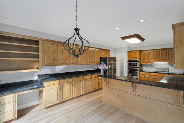 kitchen with crown molding, open shelves, appliances with stainless steel finishes, light wood-style flooring, and an inviting chandelier