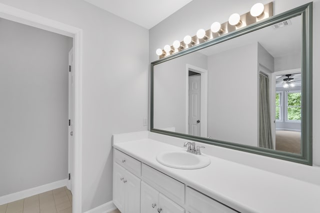 bathroom featuring baseboards, ceiling fan, visible vents, and vanity
