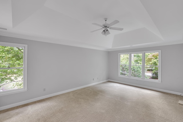 empty room featuring a raised ceiling, carpet floors, baseboards, and ceiling fan