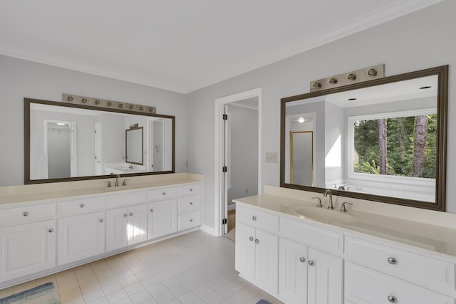 bathroom featuring tile patterned flooring, a sink, ornamental molding, and two vanities