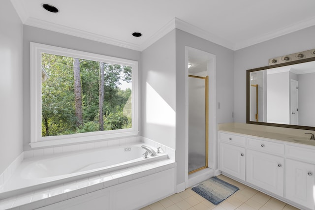 bathroom with a bath, vanity, crown molding, and a shower stall