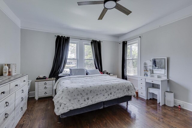 353 E Georgia, Woodruff, SC 29388 - bedroom with baseboards, dark wood-style flooring, ceiling fan, and ornamental molding