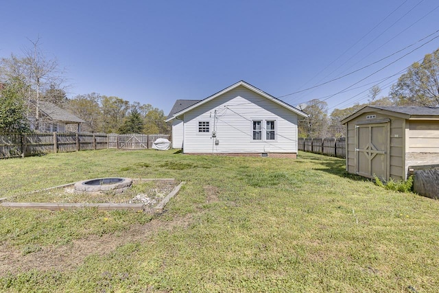 353 E Georgia, Woodruff, SC 29388 - view of yard featuring an outdoor structure, a fenced backyard, a fire pit, and a storage shed