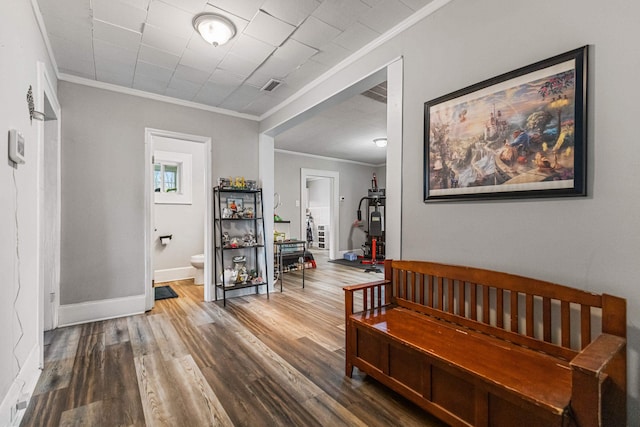 121 Holland, Gaffney, SC 29341 - corridor featuring visible vents, crown molding, baseboards, and wood finished floors
