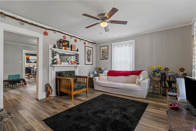 121 Holland, Gaffney, SC 29341 - living room with baseboards, crown molding, a ceiling fan, and wood finished floors
