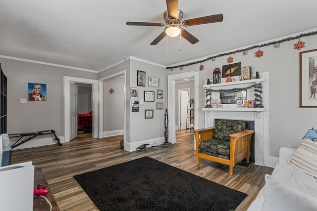 121 Holland, Gaffney, SC 29341 - living area featuring wood finished floors, crown molding, baseboards, and ceiling fan