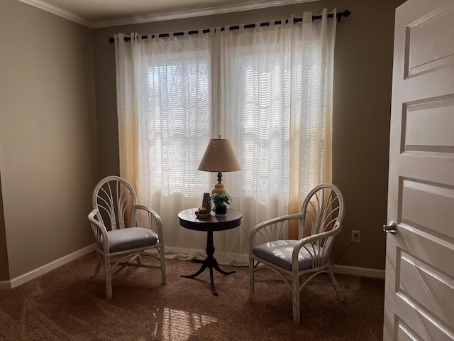 sitting room with carpet flooring, crown molding, baseboards, and a wealth of natural light