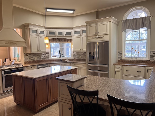 kitchen with a sink, appliances with stainless steel finishes, custom exhaust hood, and crown molding