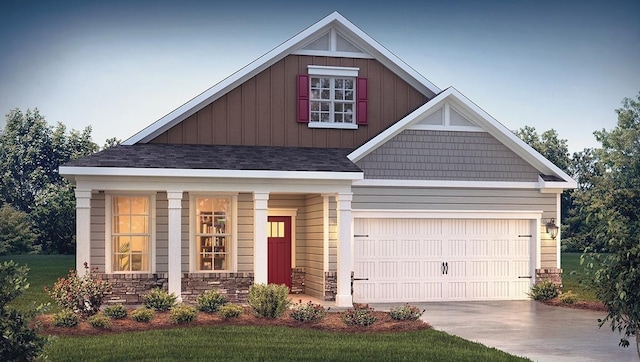 craftsman house with stone siding, an attached garage, concrete driveway, board and batten siding, and roof with shingles