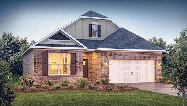 craftsman house featuring concrete driveway, board and batten siding, brick siding, a garage, and a shingled roof