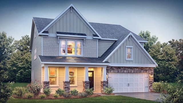 craftsman house featuring board and batten siding, roof with shingles, covered porch, and stone siding