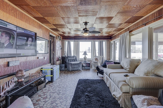 129 Canty, Gaffney, SC 29341 - living area featuring plenty of natural light, wooden ceiling, and a ceiling fan