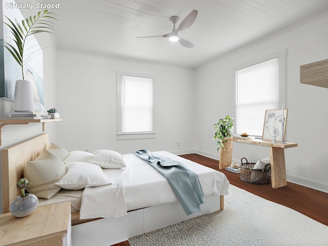 bedroom with ceiling fan, baseboards, crown molding, and wood finished floors