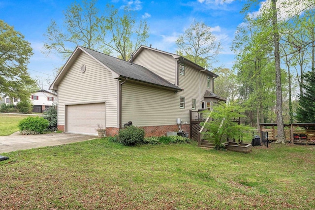 view of property exterior featuring concrete driveway, a shingled roof, and a yard