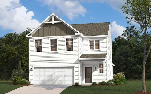 traditional-style house with a shingled roof, a garage, board and batten siding, and concrete driveway
