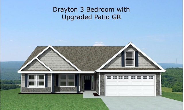 view of front of house featuring a front yard, stone siding, and concrete driveway