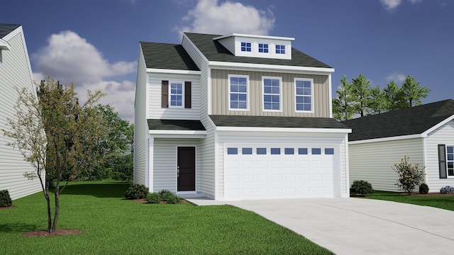 view of front of home with concrete driveway, a shingled roof, a garage, and a front lawn