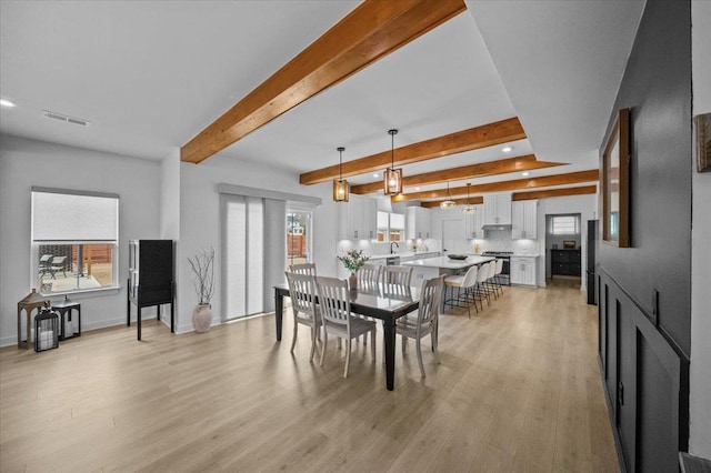 2046 Bluet, Woodruff, SC 29388 - dining room with light wood finished floors, beamed ceiling, visible vents, and plenty of natural light
